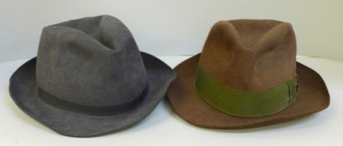 Two gentleman's fedora hats; Bates, St. James' London and Scott & Co. Piccadilly