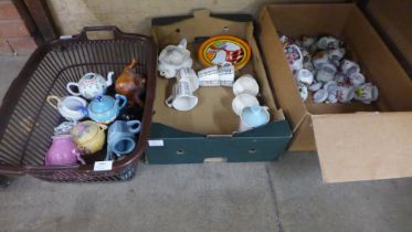 Three boxes of mixed decorative china including small teapots, retro tea wares, Clarice Cliff