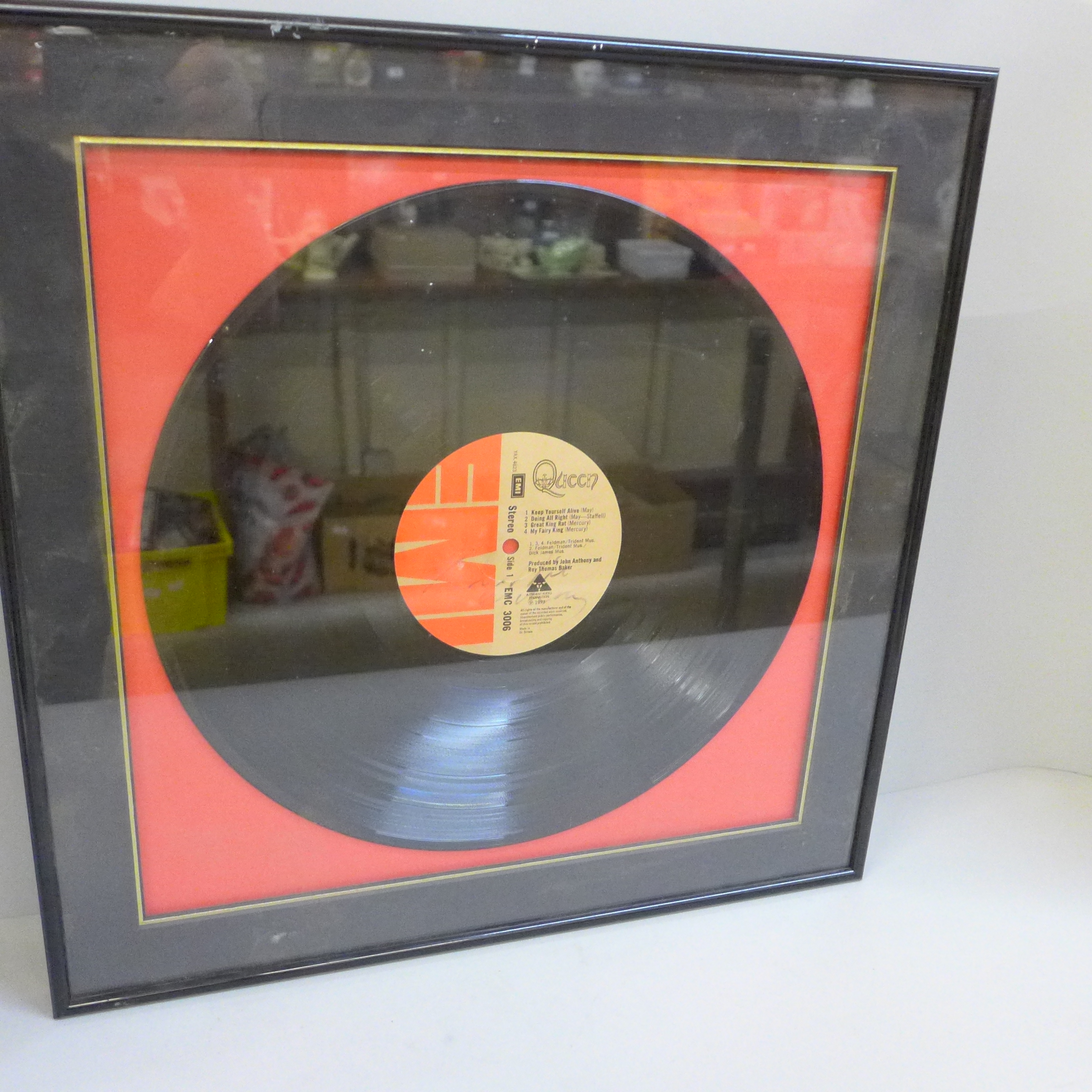A Freddie Mercury signed Queen LP record, signature faded, with provenance verso