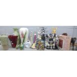 A large model of Peter Rabbit, a collection of glass vases, brass jars, assorted figures including