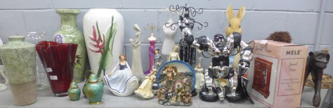 A large model of Peter Rabbit, a collection of glass vases, brass jars, assorted figures including