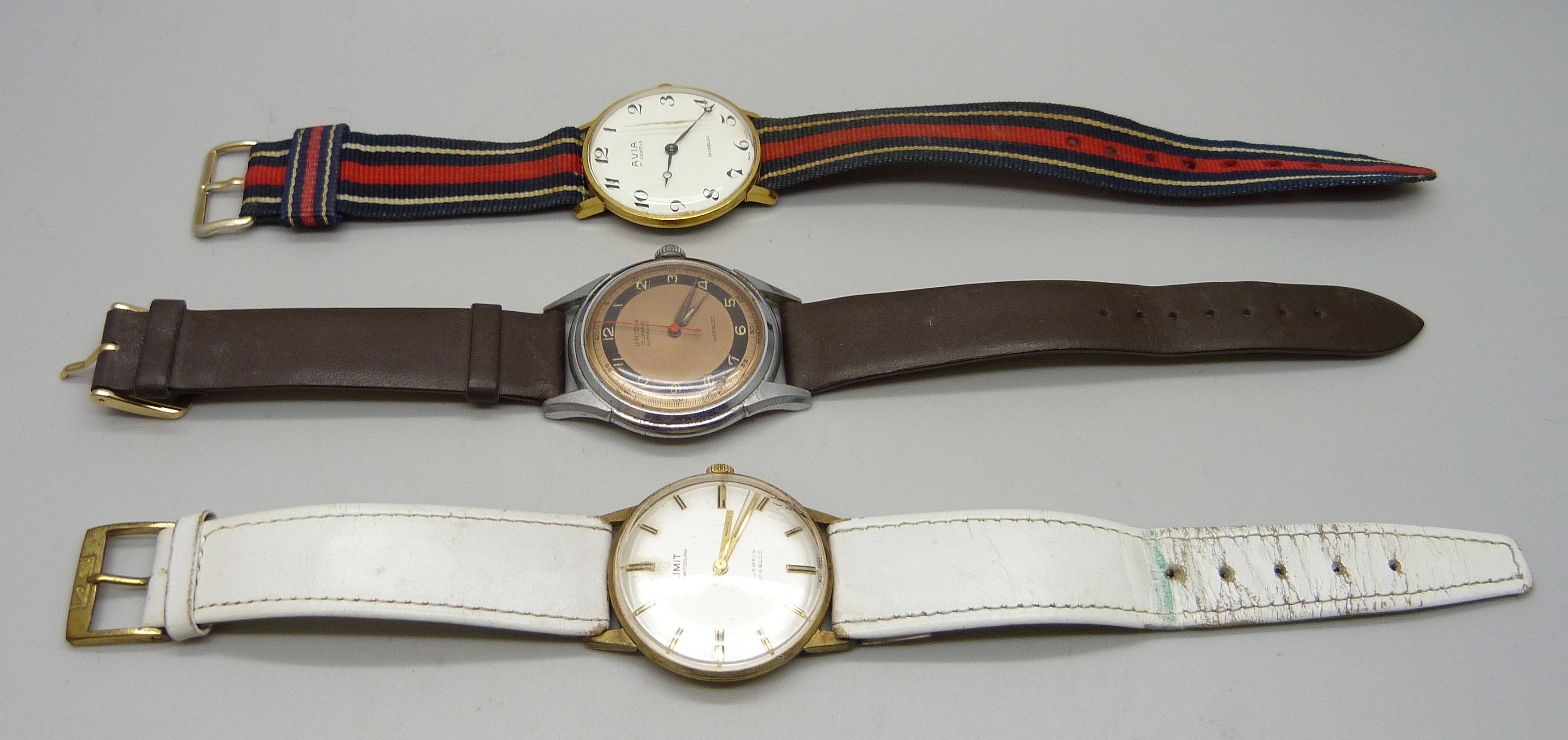 Three gentleman's mechanical wristwatches, Union automatic, Avia and Limit