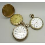 A gold plated full hunter pocket watch in an engine turned case (closure a/f), a .935 silver cased