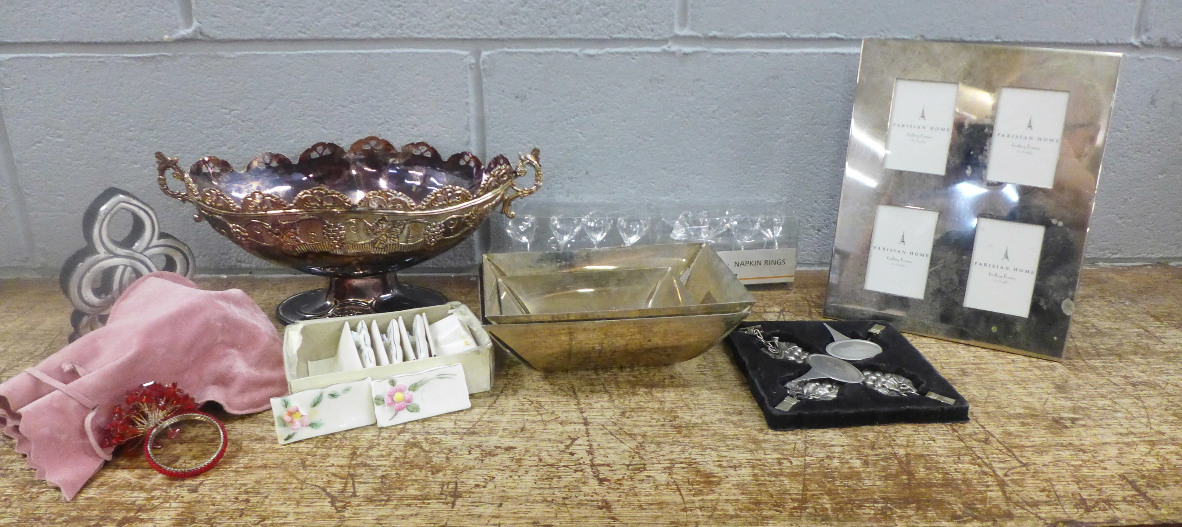 A collection of silver plated items including a gallery tray, a pair of candlesticks, an Art Nouveau - Image 2 of 2