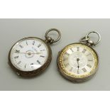 A .935 silver cased H. Samuel fob watch and a white metal cased fob watch (lacking glass and hand