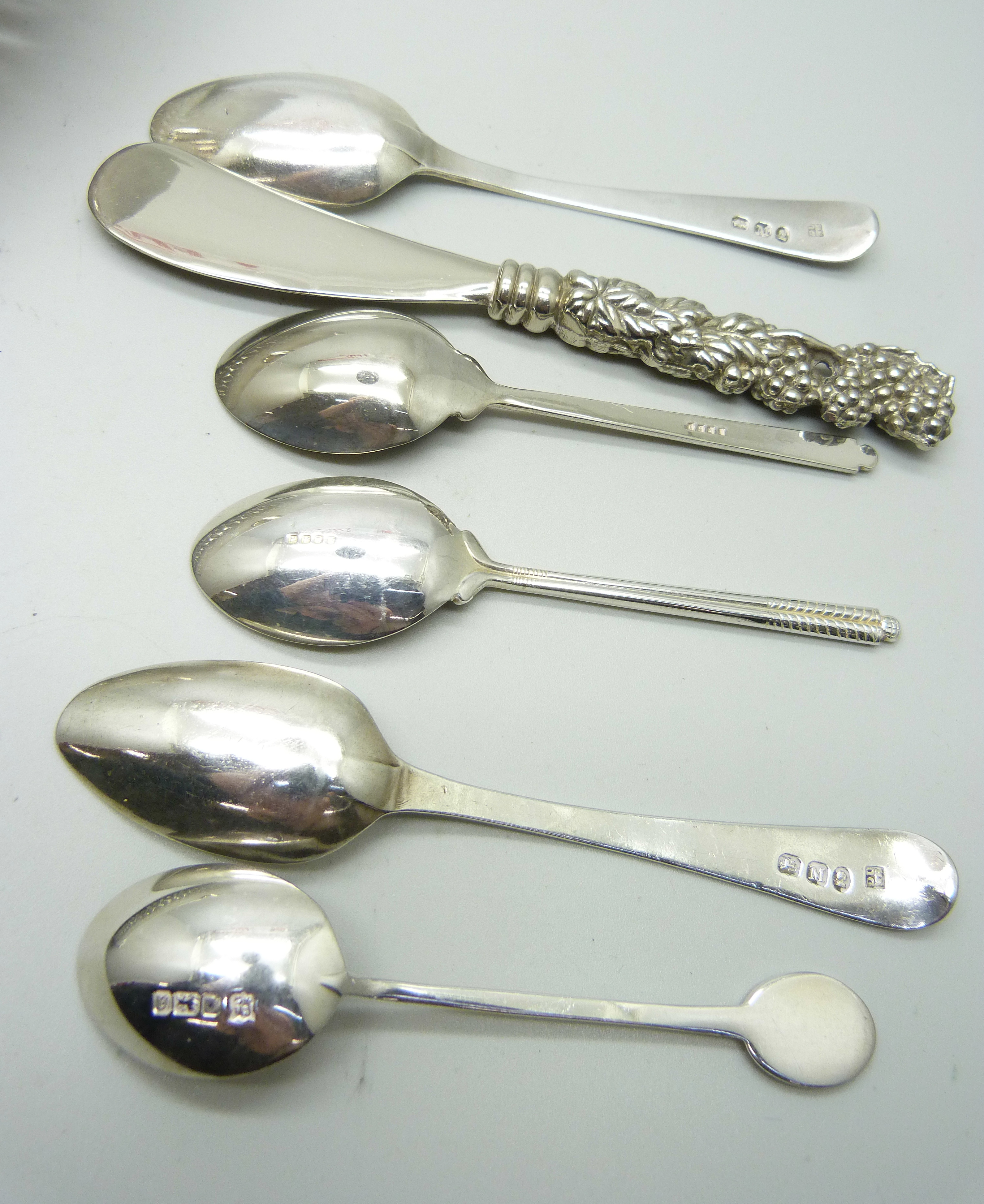 Three silver spoons, 37g, together with a collection of silver plated items including a mother of - Image 10 of 10