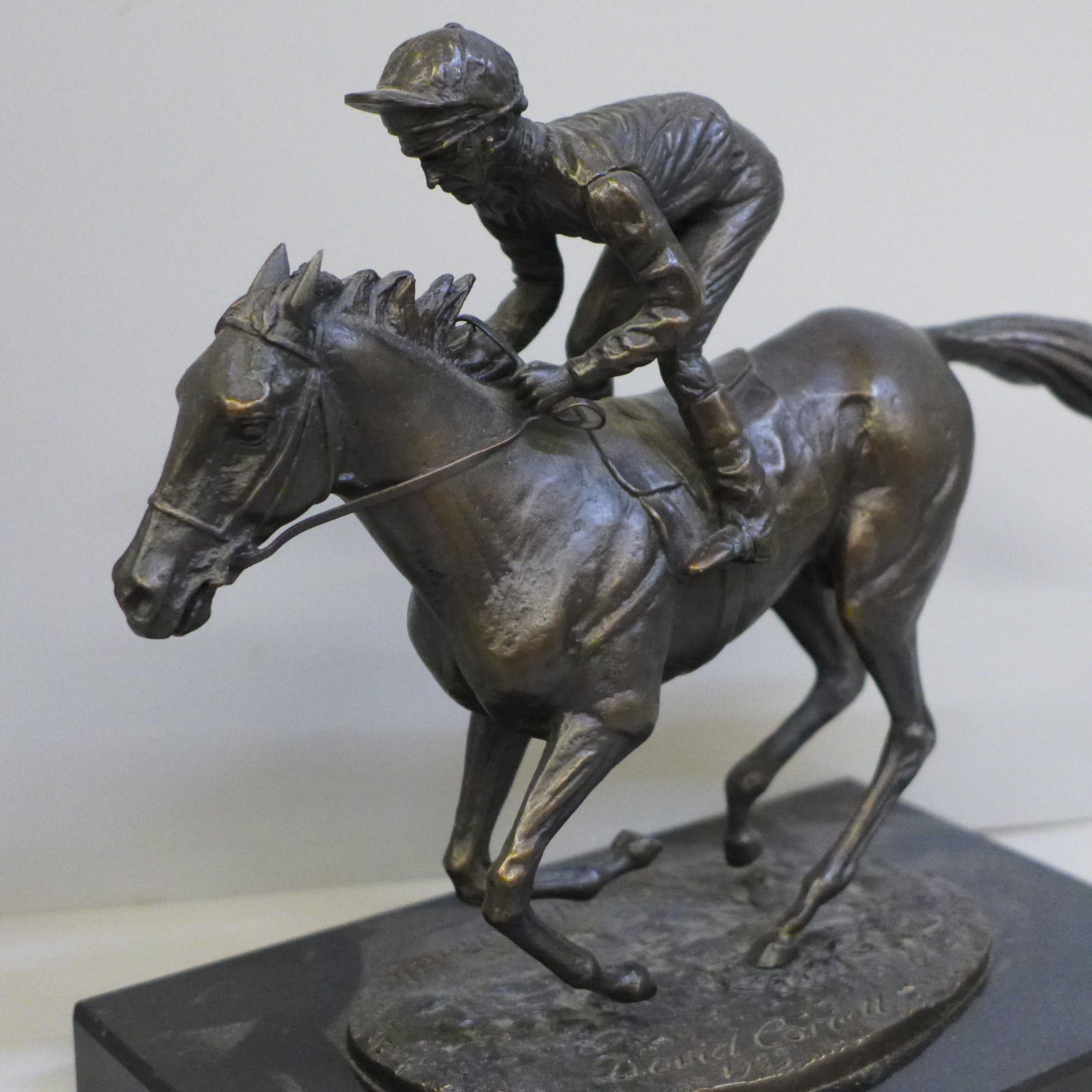 A bronze model of Lester Piggott on Nijinsky, modelled by David Cornell, 1985 on a black marble - Image 2 of 5