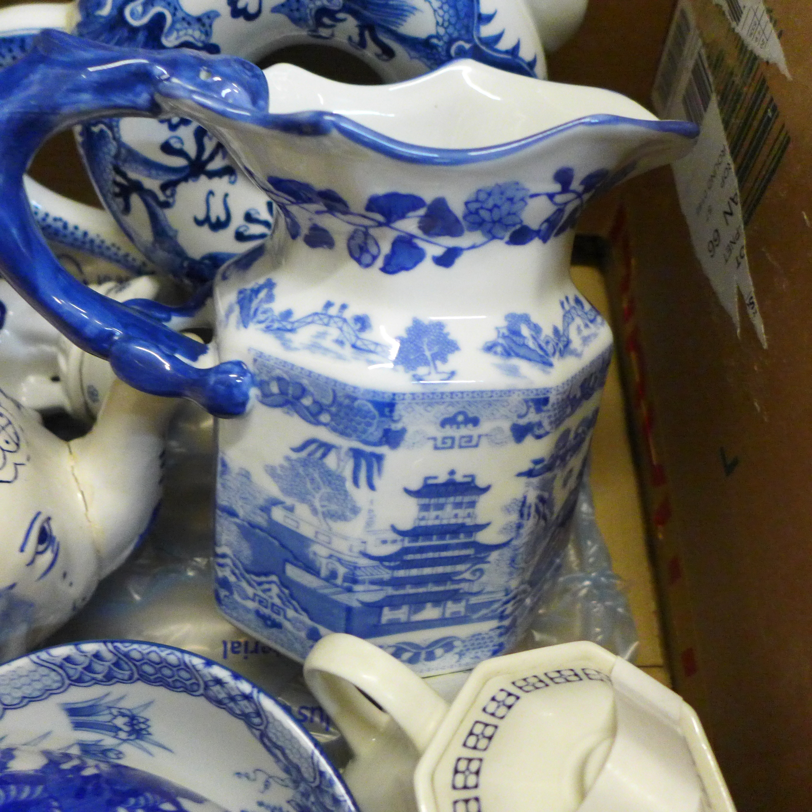 Mixed blue and white oriental style china, including a toroidal teapot with four character mark to - Image 2 of 5