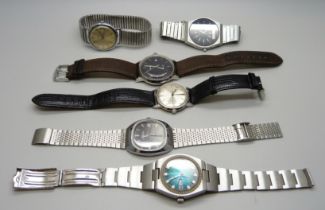Six wristwatches - Seiko, Oriosa Super Automatic, Sekonda, Consul, Timex Marlin and one other Timex