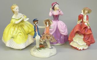 Three Royal Doulton figures, Top O' The Hill, a/f, Lady Pamela, The Last Waltz and a figure group