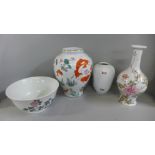 Three decorative vases and a fruit bowl, one Weimar Germany and Brooks and Bentley