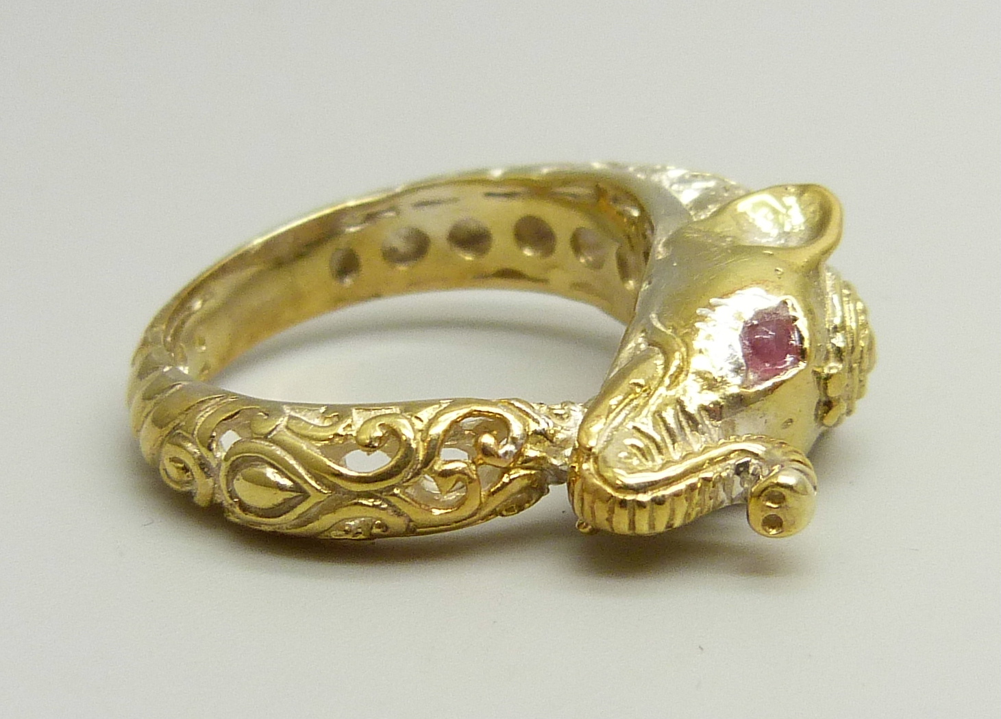 A silver gilt ring in the form of an elephant, set with red spinel eyes, P - Image 2 of 3