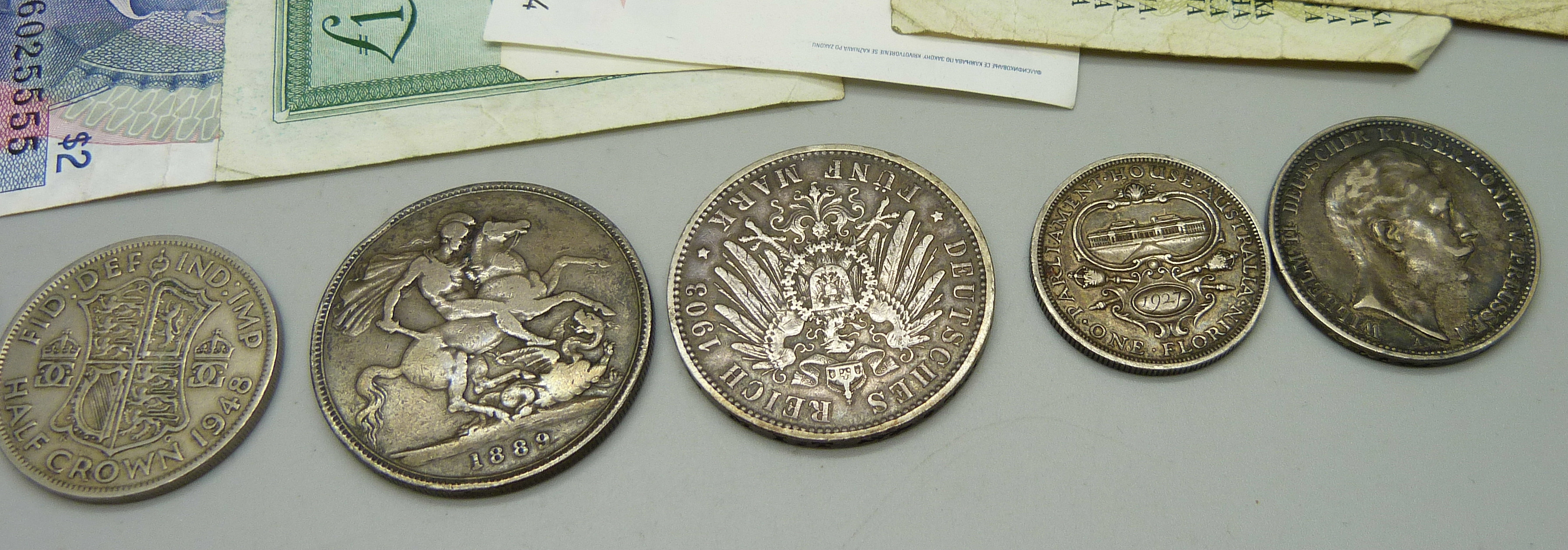 A collection of foreign bank notes, British and foreign coins including an 1889 crown and 1887 - Image 3 of 5