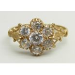 A 9ct gold and white stone cluster ring, 2.2g, P