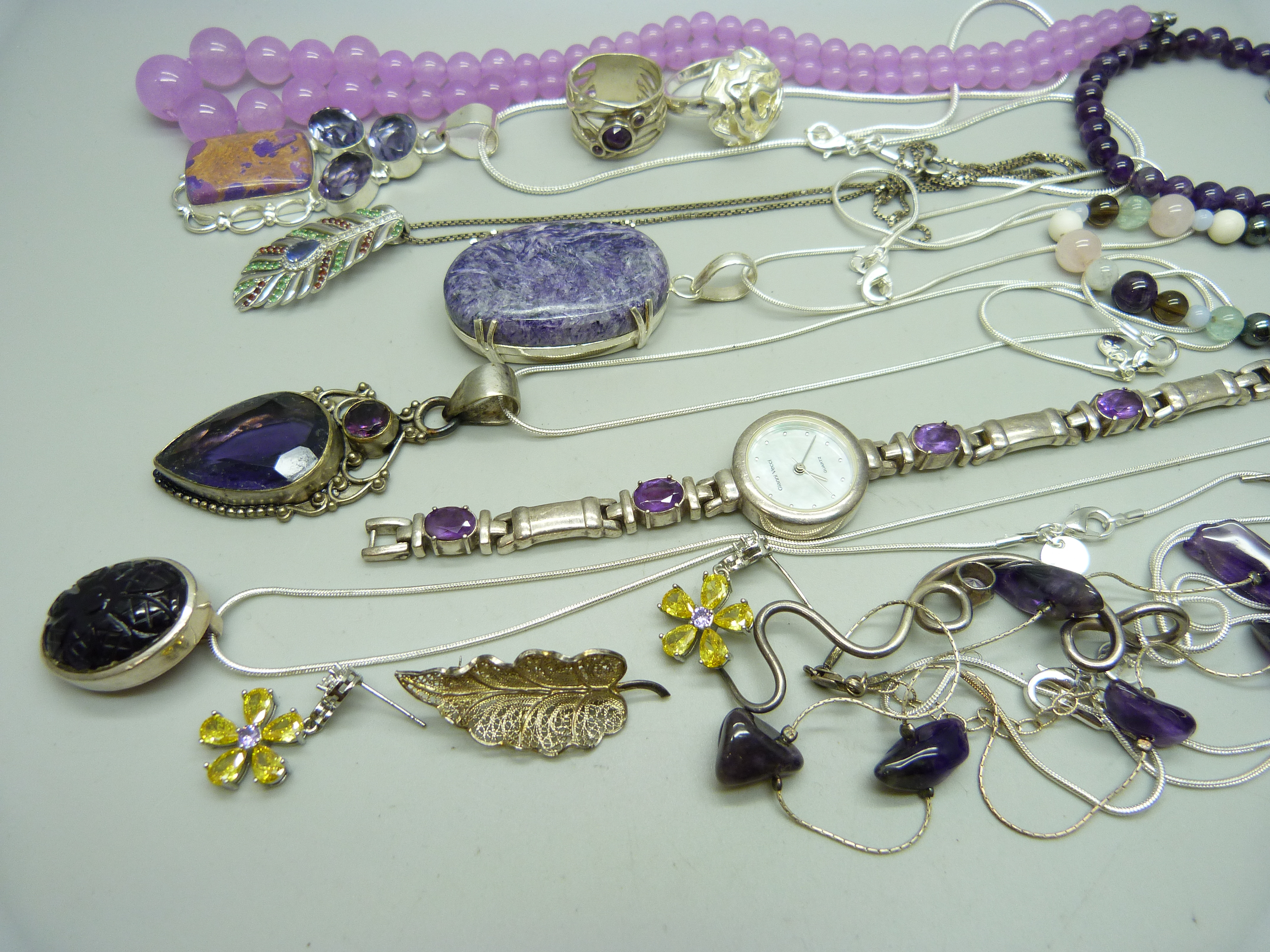 A collection of silver and white metal stone set jewellery including a silver wristwatch set with - Image 3 of 4
