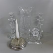 Waterford Crystal; tall candle hurricane light and stand, a pair of seahorse candlesticks, all boxed