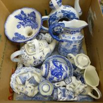 Mixed blue and white oriental style china, including a toroidal teapot with four character mark to