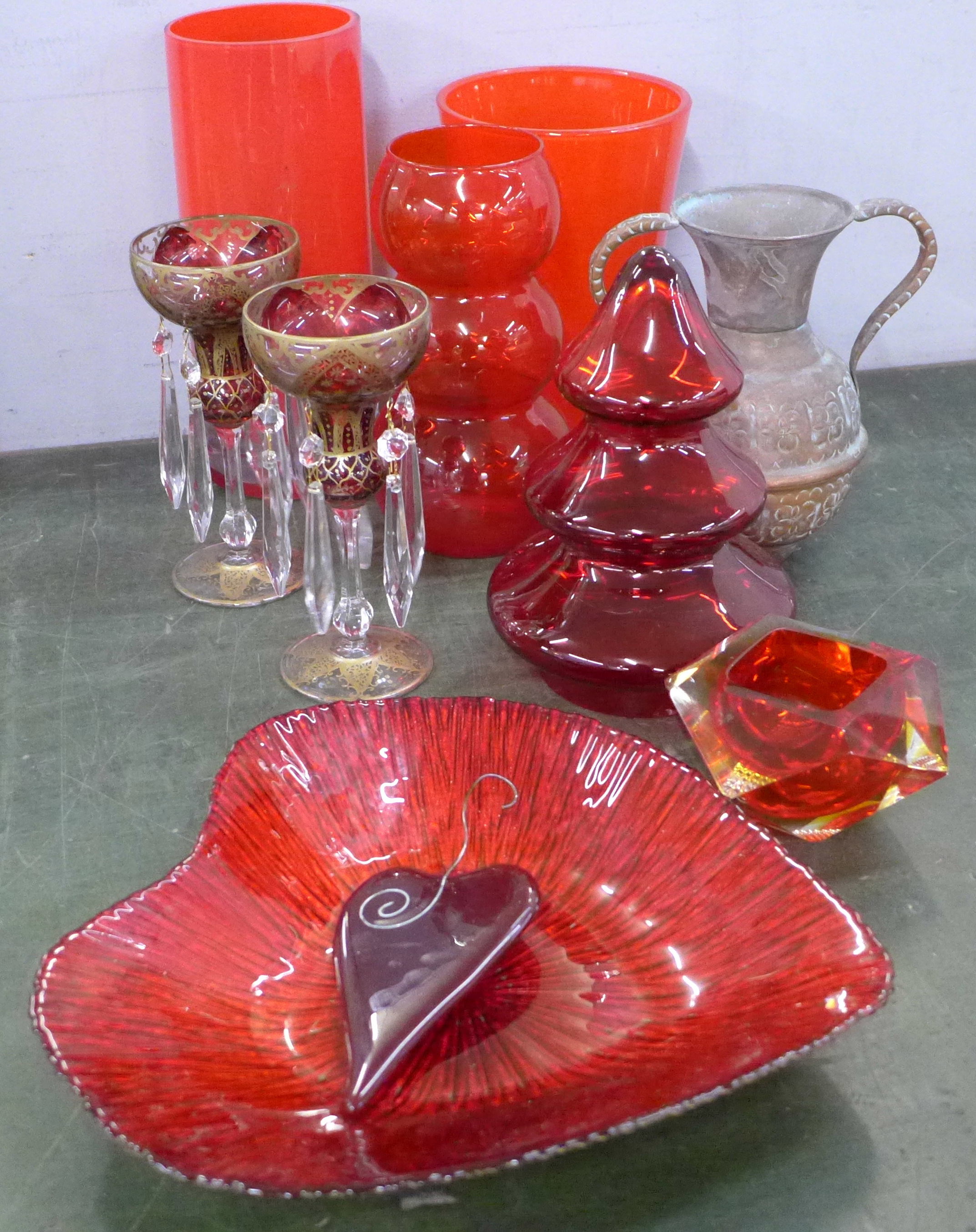 A collection of red glass, a pair of lustres with red and gilt decoration and a copper vase **PLEASE
