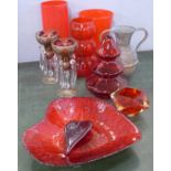 A collection of red glass, a pair of lustres with red and gilt decoration and a copper vase **PLEASE