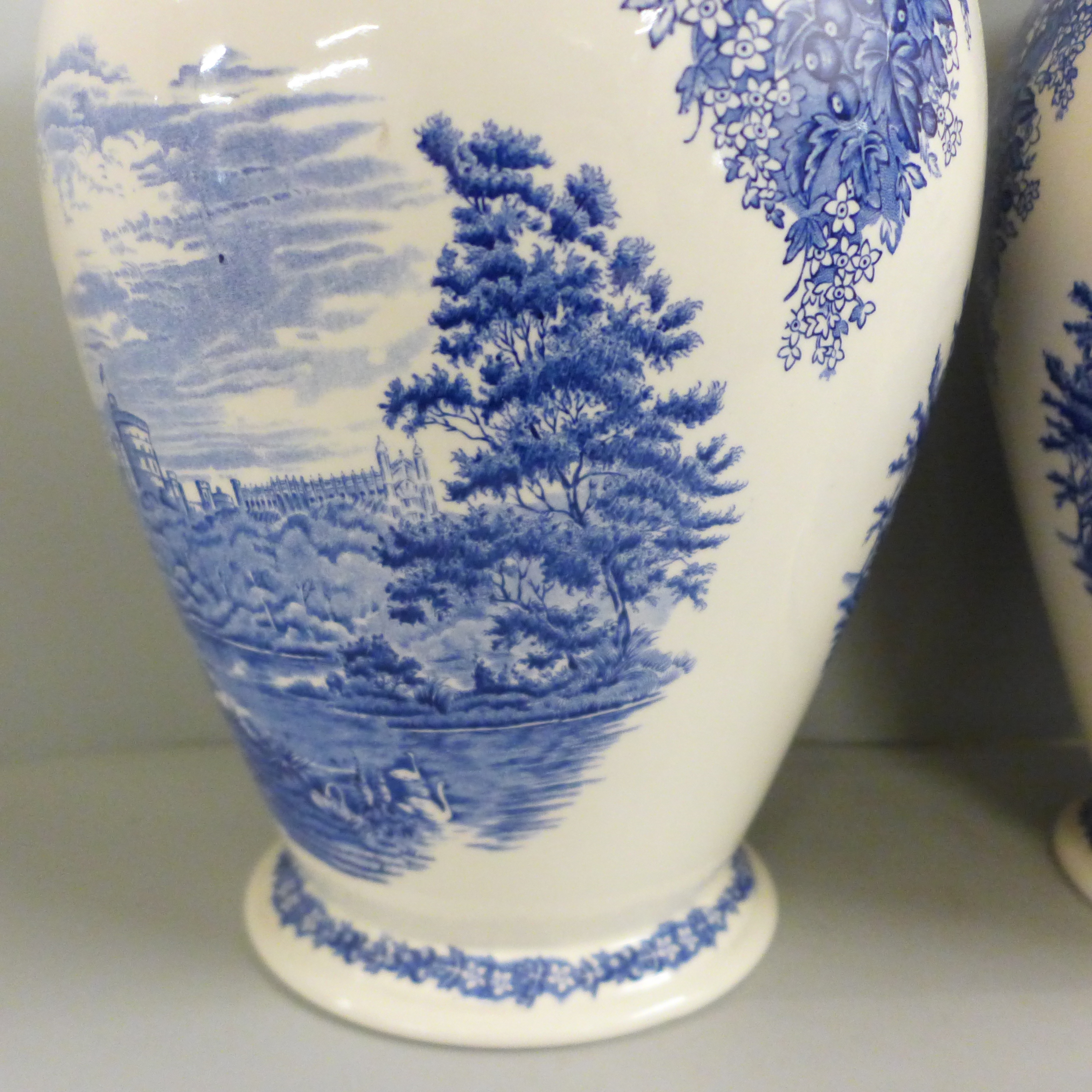 A pair of Wedgwood Windsor Castle blue and white vases, 32cm - Image 3 of 6