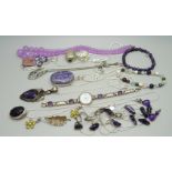 A collection of silver and white metal stone set jewellery including a silver wristwatch set with