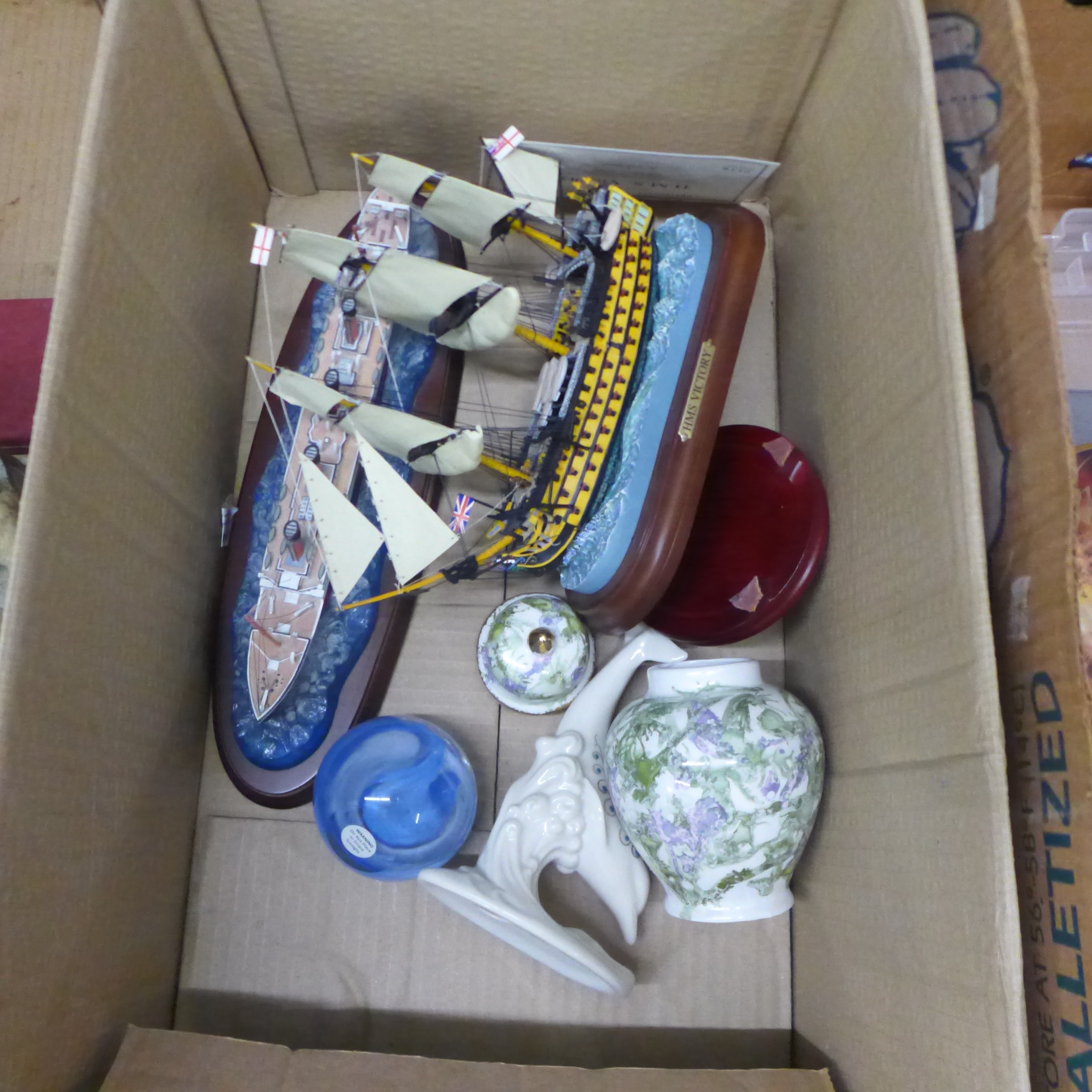 Five boxes of mixed decorative china, model of HMS Victory, Lord of the Rings charger, crystal, - Image 3 of 6