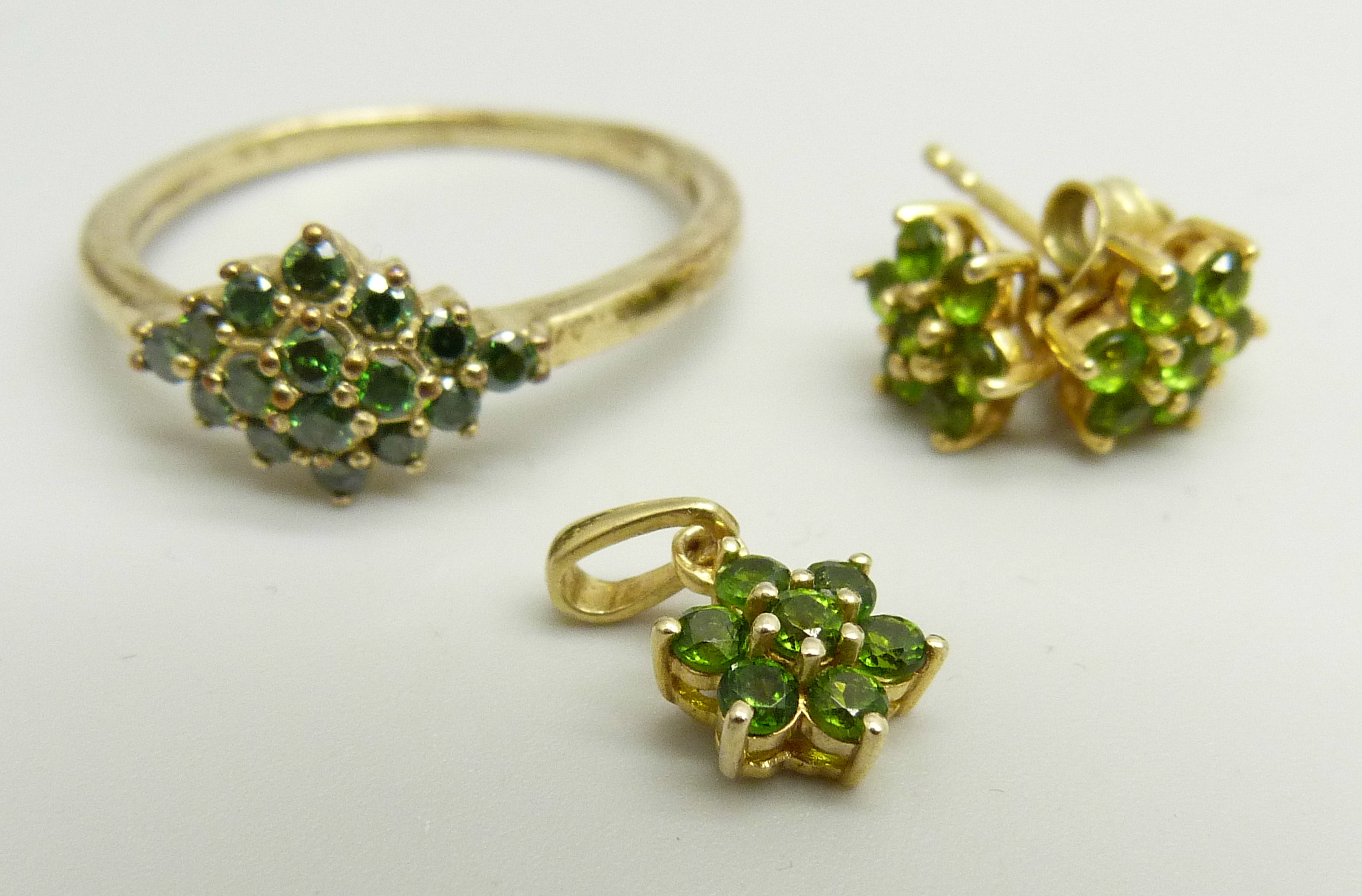 A 9ct gold and green diamond cluster ring, 2.5g, U, and a pair of silver gilt earrings and - Image 4 of 4