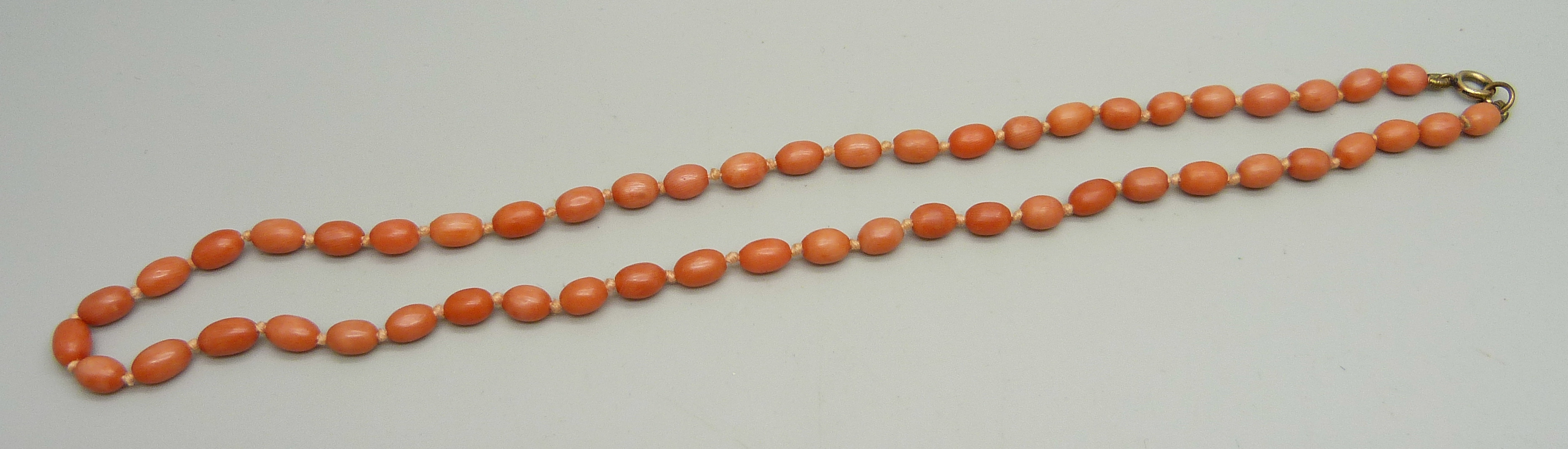 A coral necklace with an unmarked yellow metal clasp, 45.5cm, 14.9g