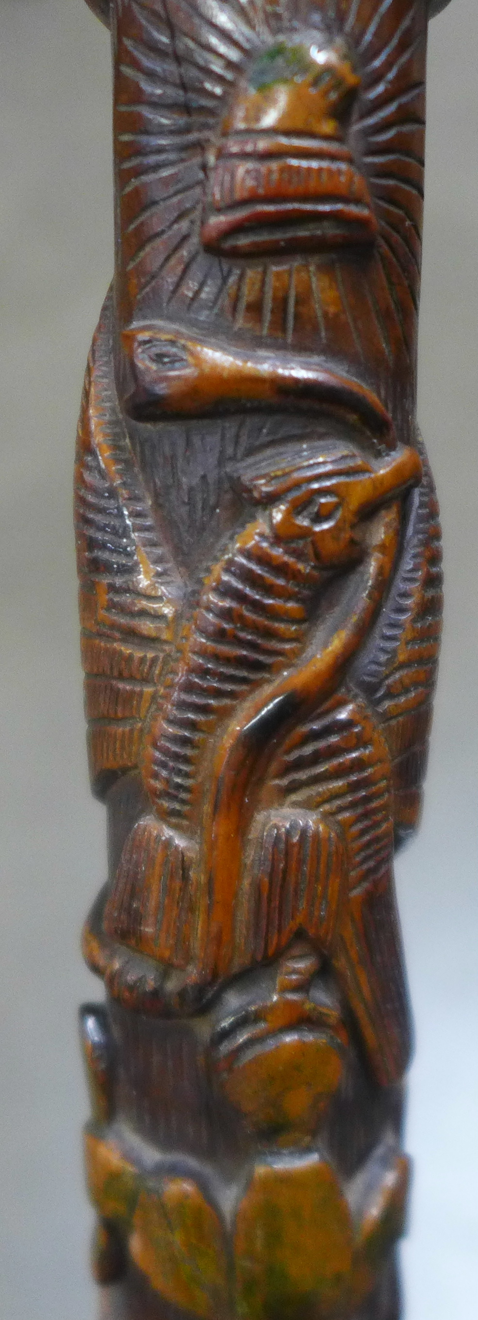 A carved wooden walking stick, tropical hardwood, decorated with snakes, lizards, birds and mythical - Image 2 of 6