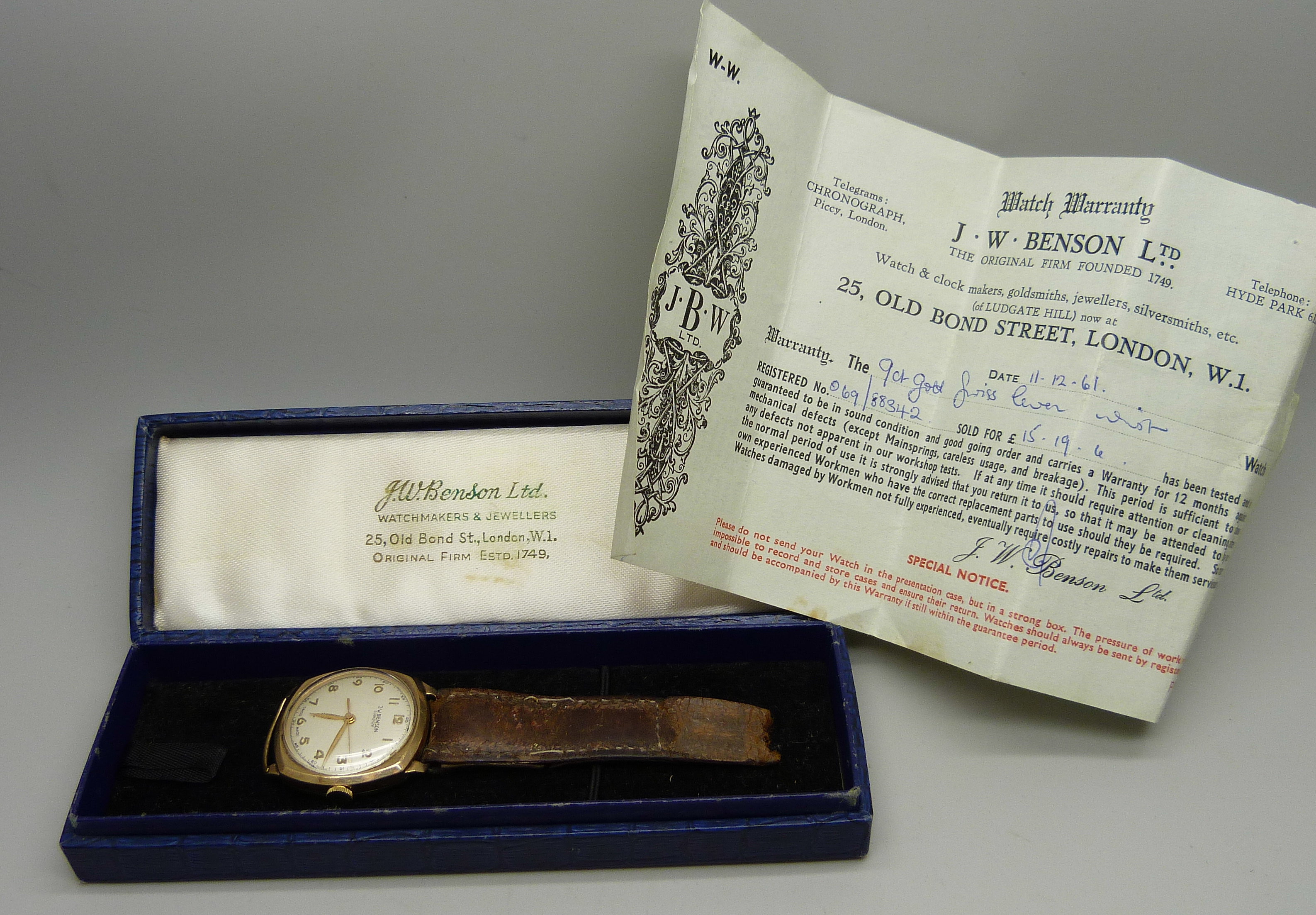 A J.W. Benson gentleman's 9ct gold cased wristwatch with original purchase receipt dated 1961 and - Bild 6 aus 7