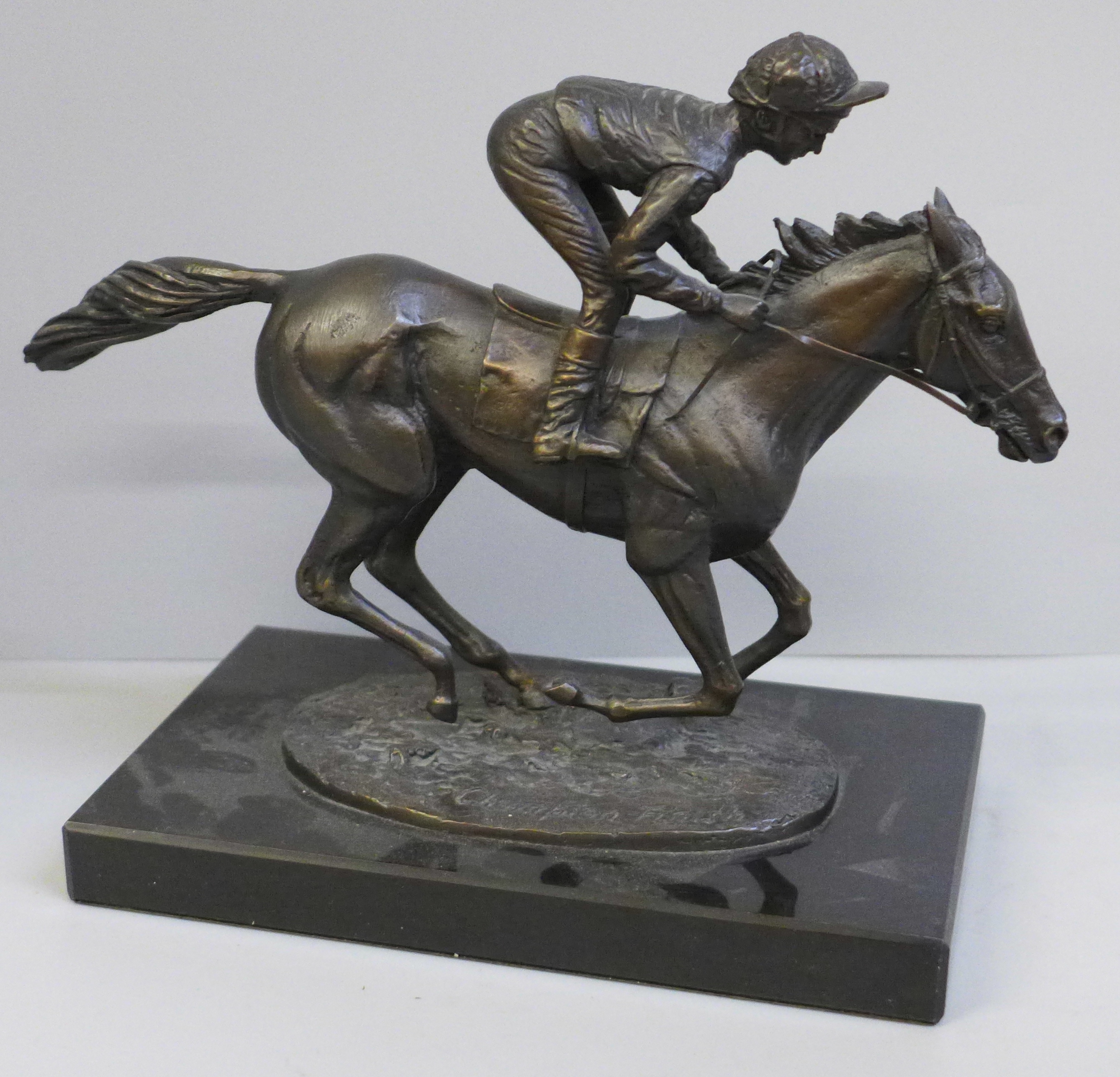 A bronze model of Lester Piggott on Nijinsky, modelled by David Cornell, 1985 on a black marble - Image 4 of 5