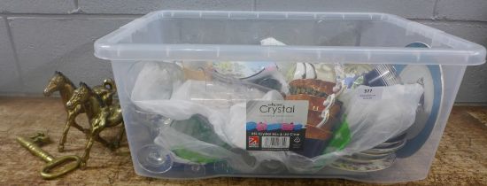 A box of mixed china and glass including Royal Albert cups and saucers, Babycham glasses, two