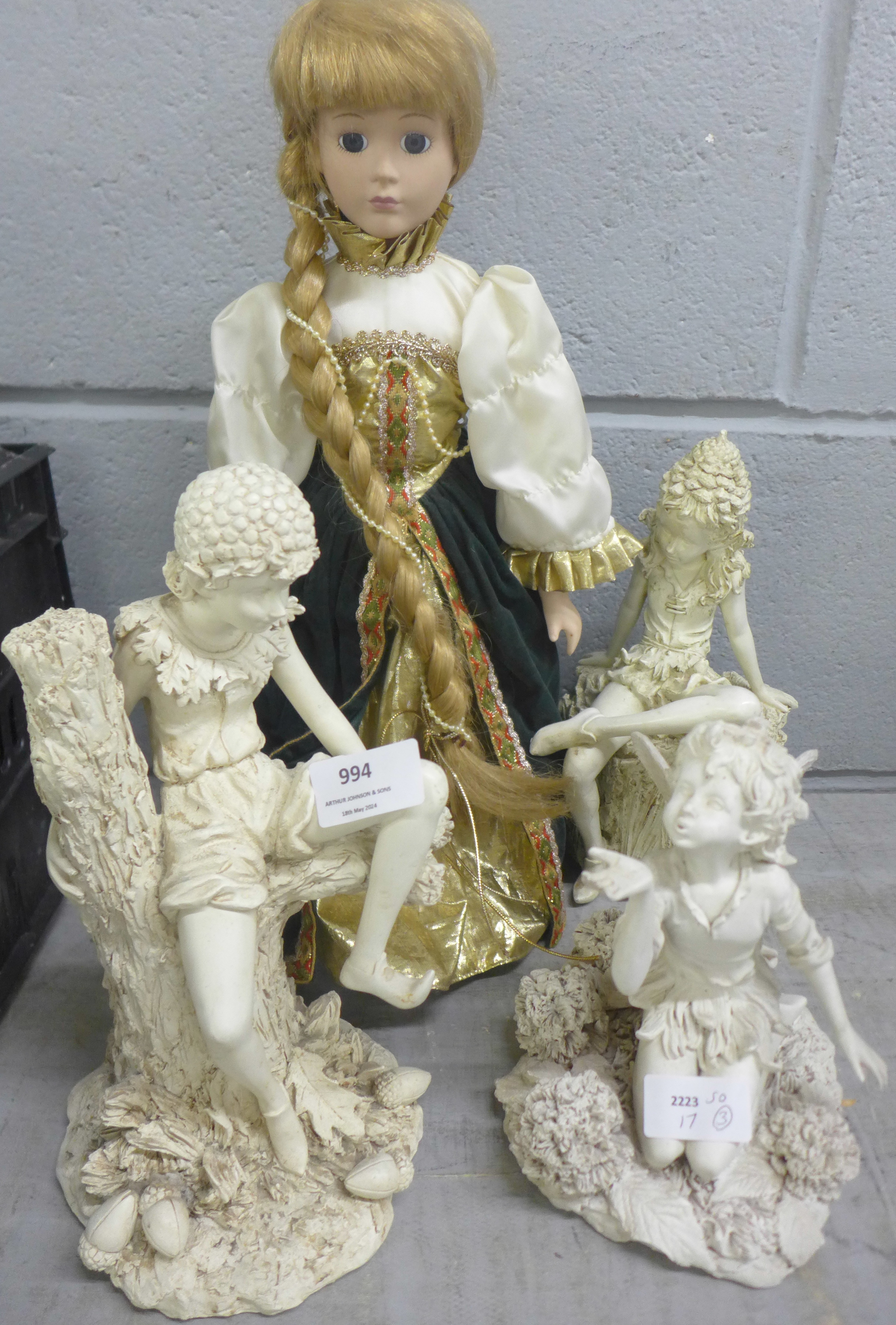 Three models of Pixies by Shudehill and a Rapunzel doll