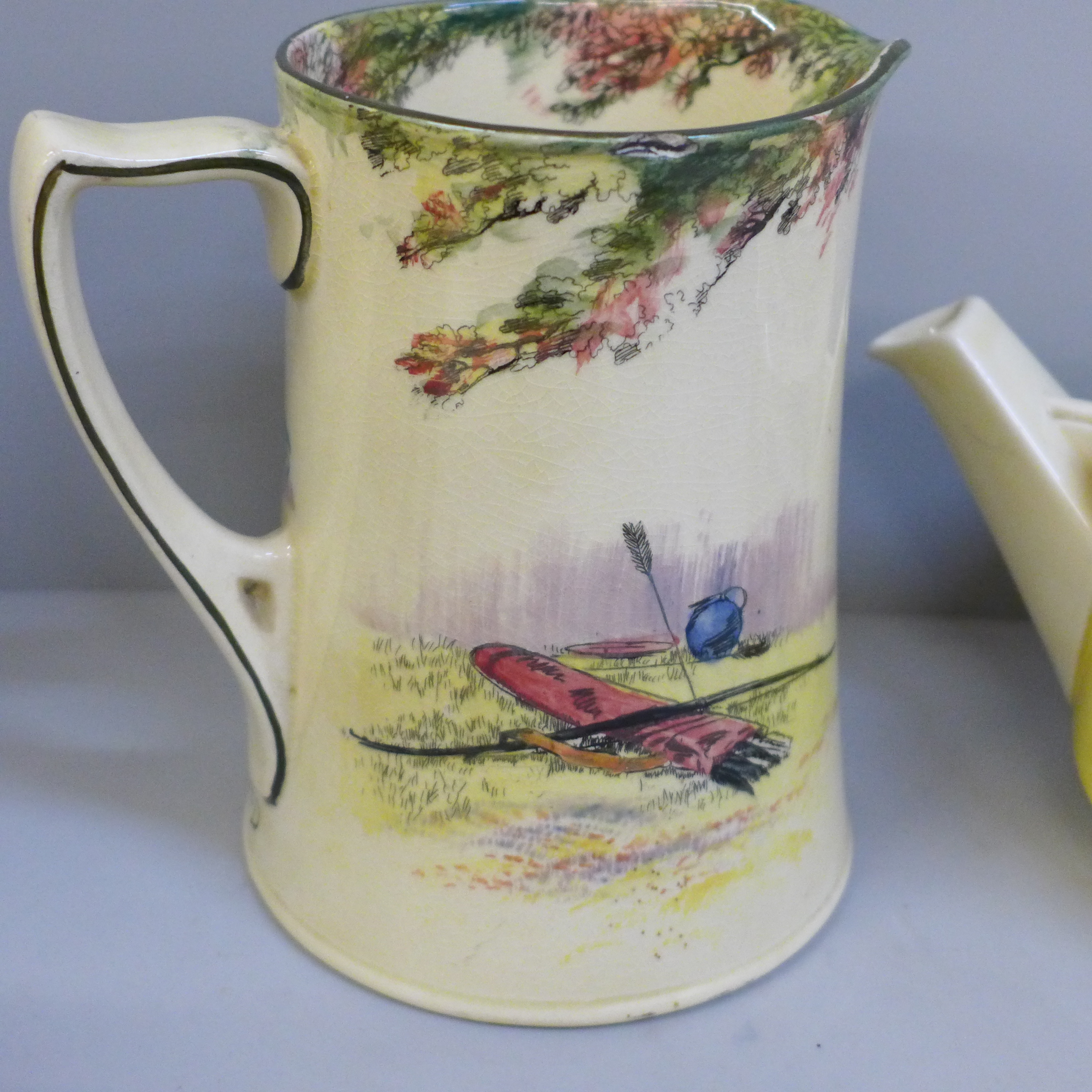 Two Royal Doulton Robin Hood Series Ware jugs, one jug with hairline crack and a teapot - Image 6 of 7