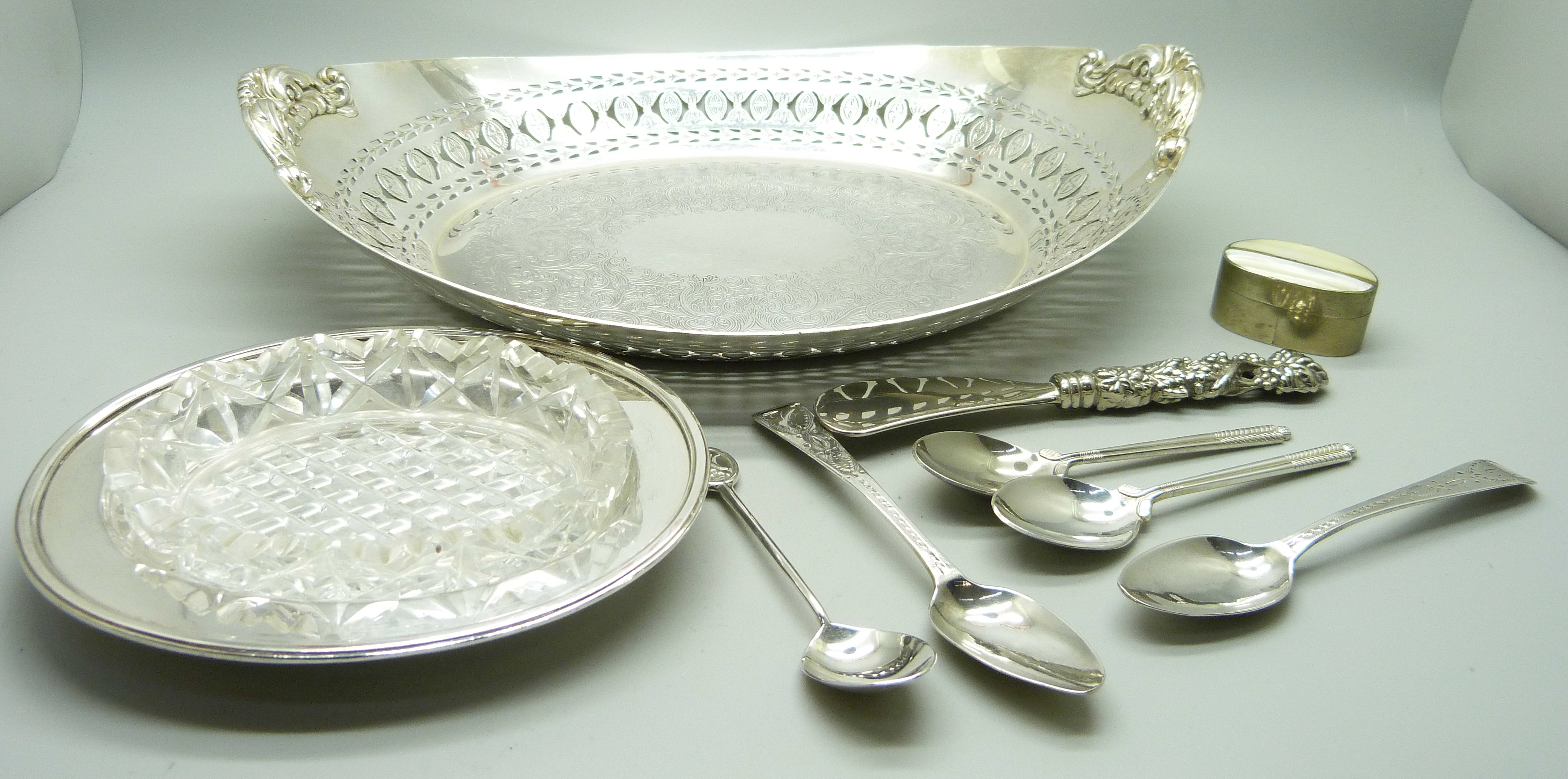 Three silver spoons, 37g, together with a collection of silver plated items including a mother of