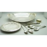 Three silver spoons, 37g, together with a collection of silver plated items including a mother of