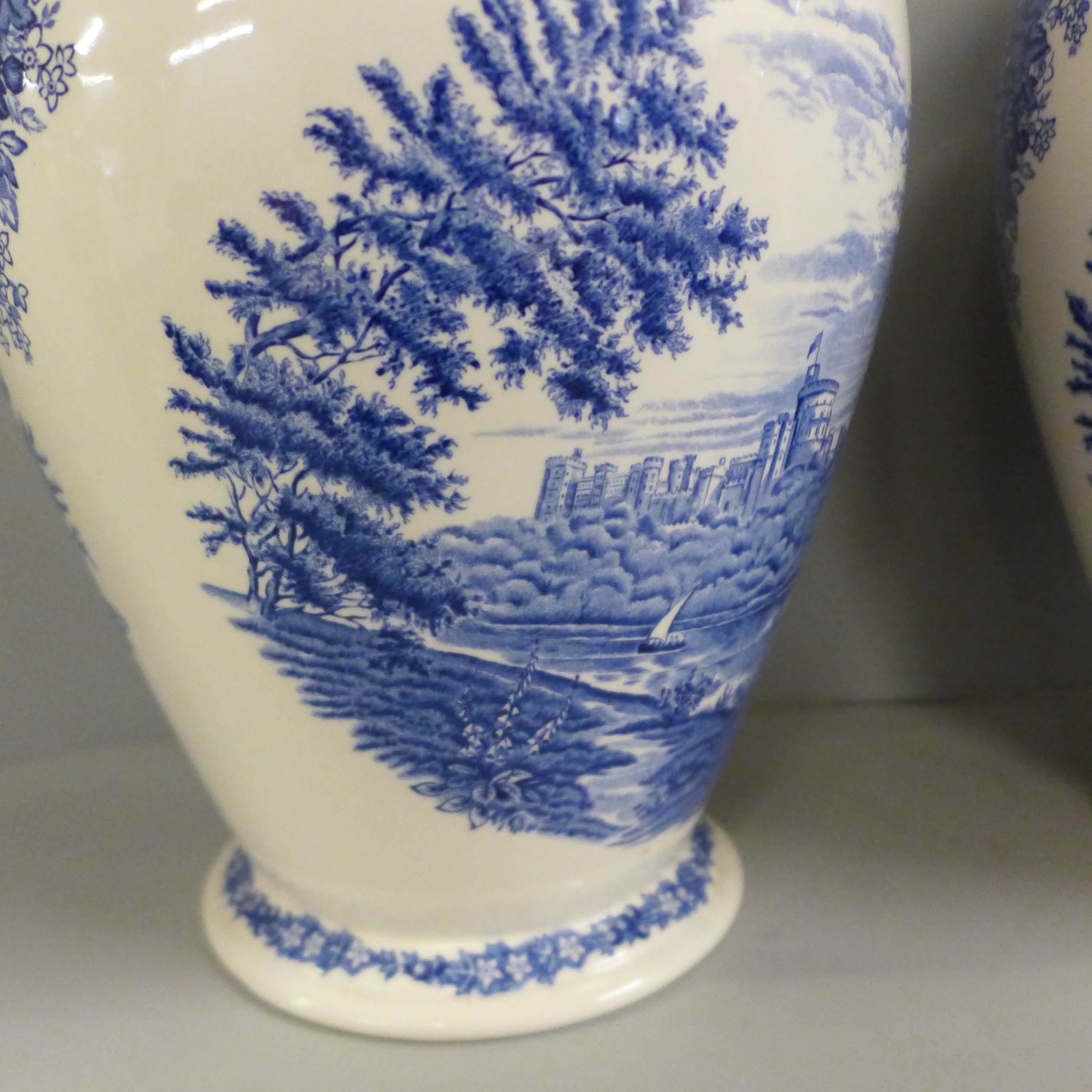 A pair of Wedgwood Windsor Castle blue and white vases, 32cm - Image 4 of 6