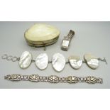 A silver and mother of pearl bracelet, a silver and paste set bracelet, a lady's silver cocktail