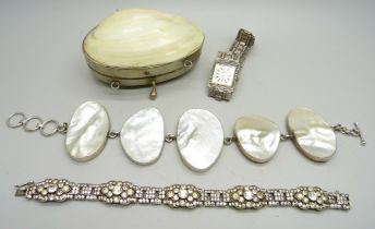 A silver and mother of pearl bracelet, a silver and paste set bracelet, a lady's silver cocktail