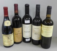 Five bottles of wine including Shiraz, Cabernet Sauvignon and Louis Jadot Beaujolais-Villages