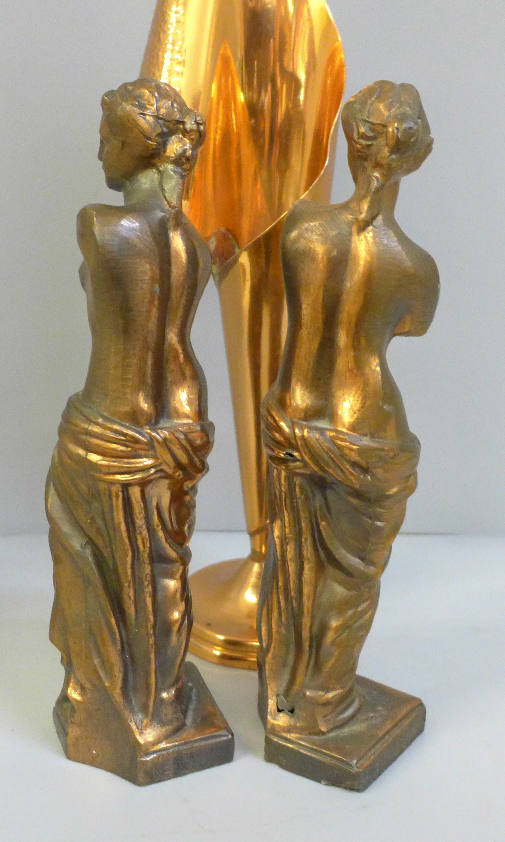 A pair of copper toned metal figures of Aphrodite and a Rhodesia copper vase - Image 3 of 5