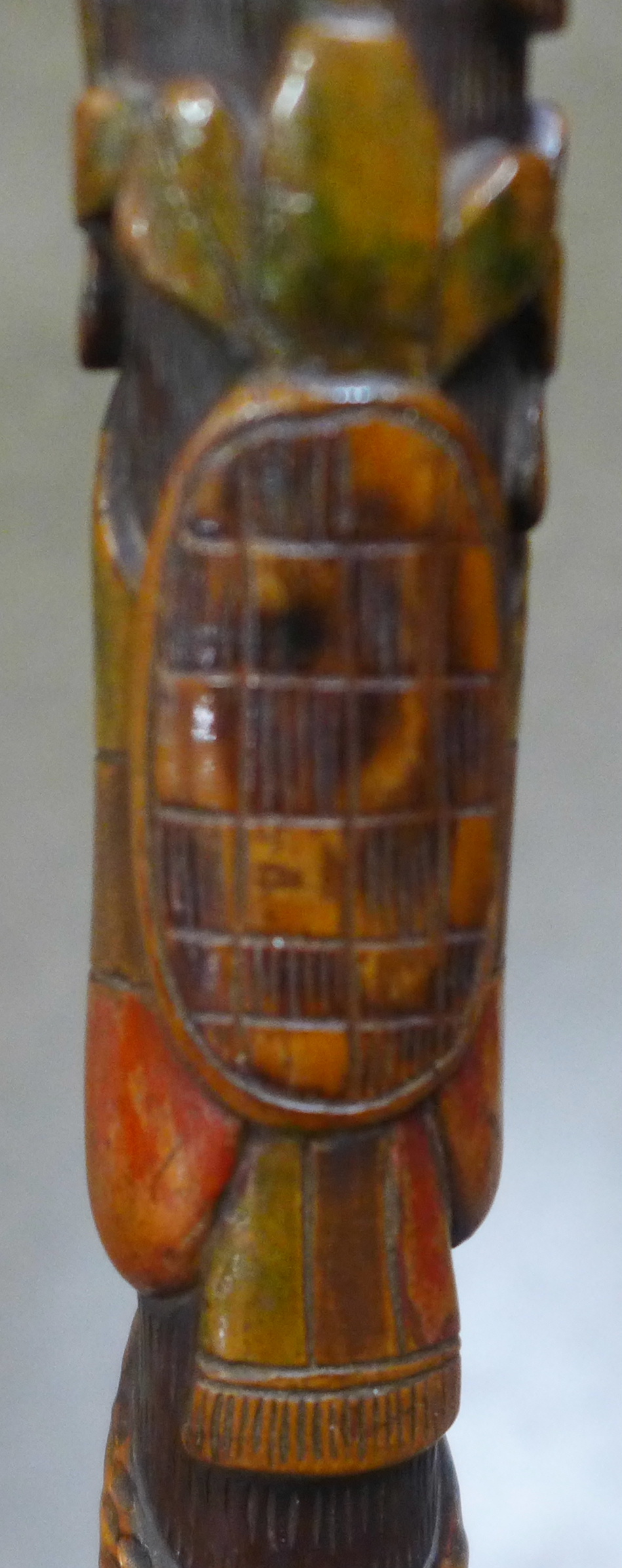 A carved wooden walking stick, tropical hardwood, decorated with snakes, lizards, birds and mythical - Image 3 of 6