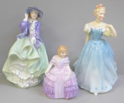 Three Royal Doulton ladies; Top 'o' the Hill, HN1833, Enchantment, HN2178 and Rose, HN2123
