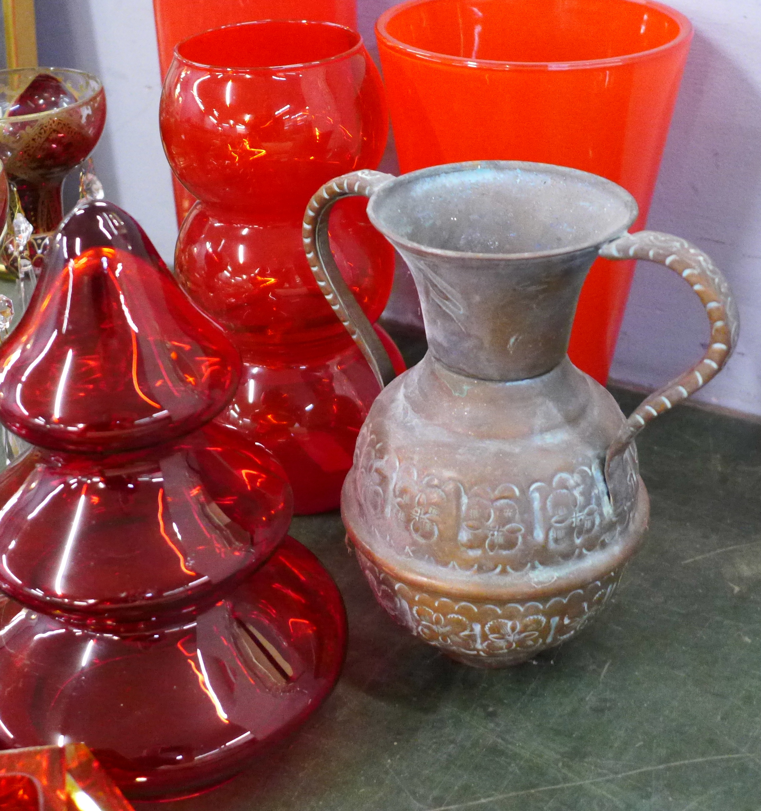 A collection of red glass, a pair of lustres with red and gilt decoration and a copper vase **PLEASE - Image 4 of 4