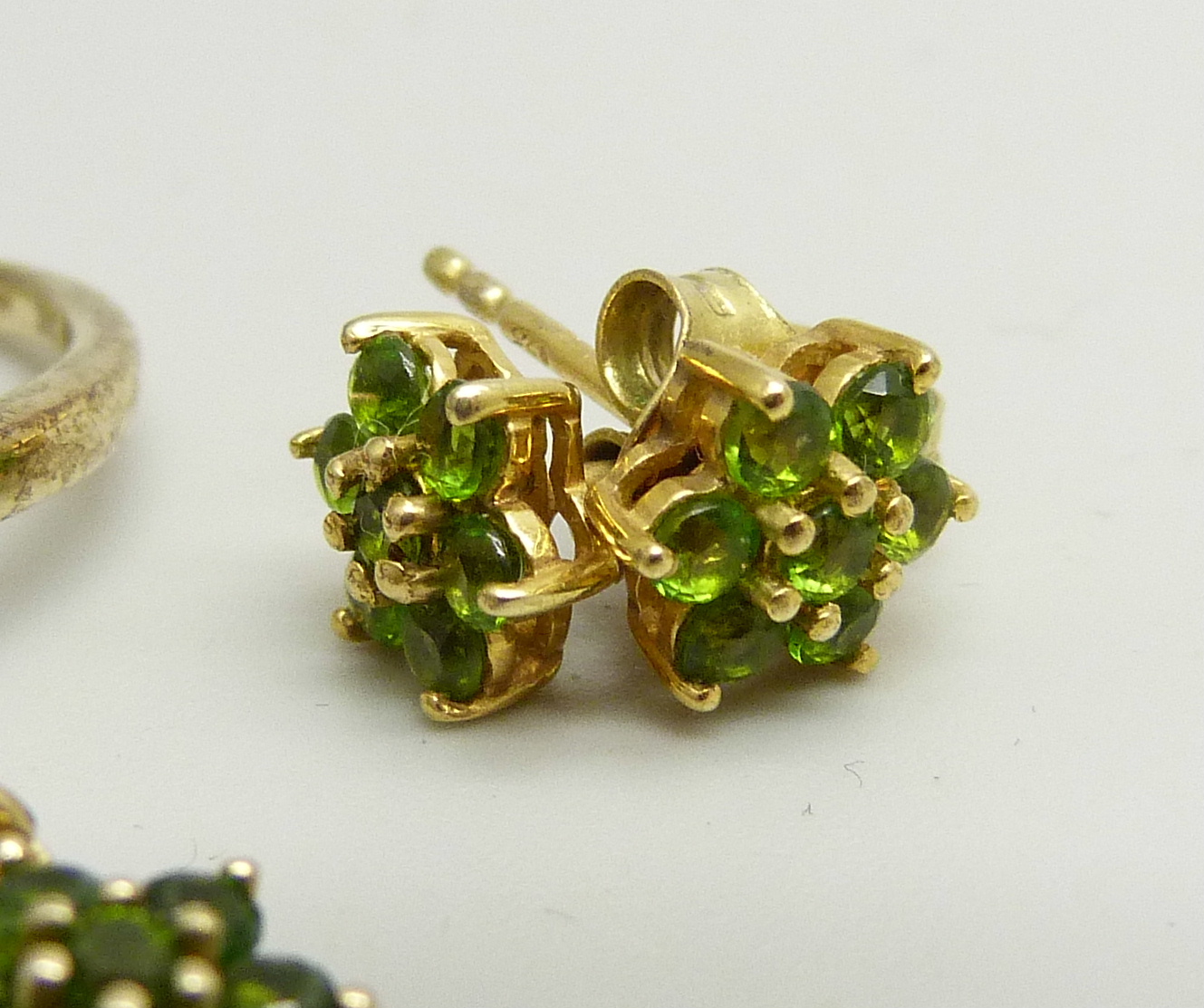 A 9ct gold and green diamond cluster ring, 2.5g, U, and a pair of silver gilt earrings and - Image 3 of 4