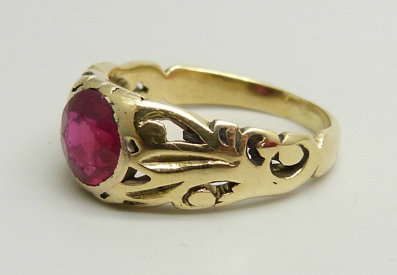 A 14k gold and ruby solitaire ring, a/f, stone scratched, 4.3g, O/P - Image 2 of 3