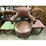 A Victorian oak revolving library chair and two other chairs