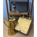 An Art Nouveau brass jug, a brass coal scuttle and a brass bird cage