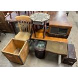 A large mixed lot including a Moorish style table, two tea crates, a vintage radio, etc.