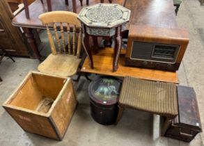 A large mixed lot including a Moorish style table, two tea crates, a vintage radio, etc.
